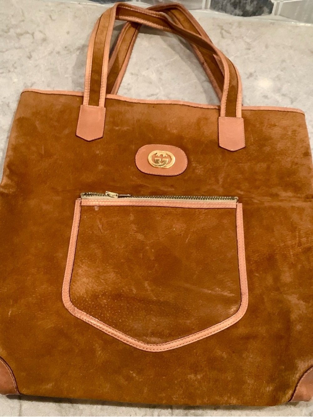 Gucci Brown Suede Tote with Front Zip Pocket